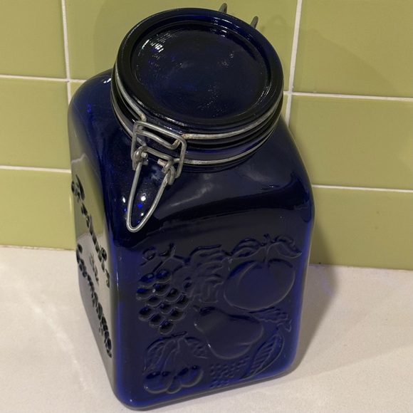 Vintage Cobalt Blue Glass Lidded Mason Jar Canister Produits de Campagne 9” - Picture 5 of 10
